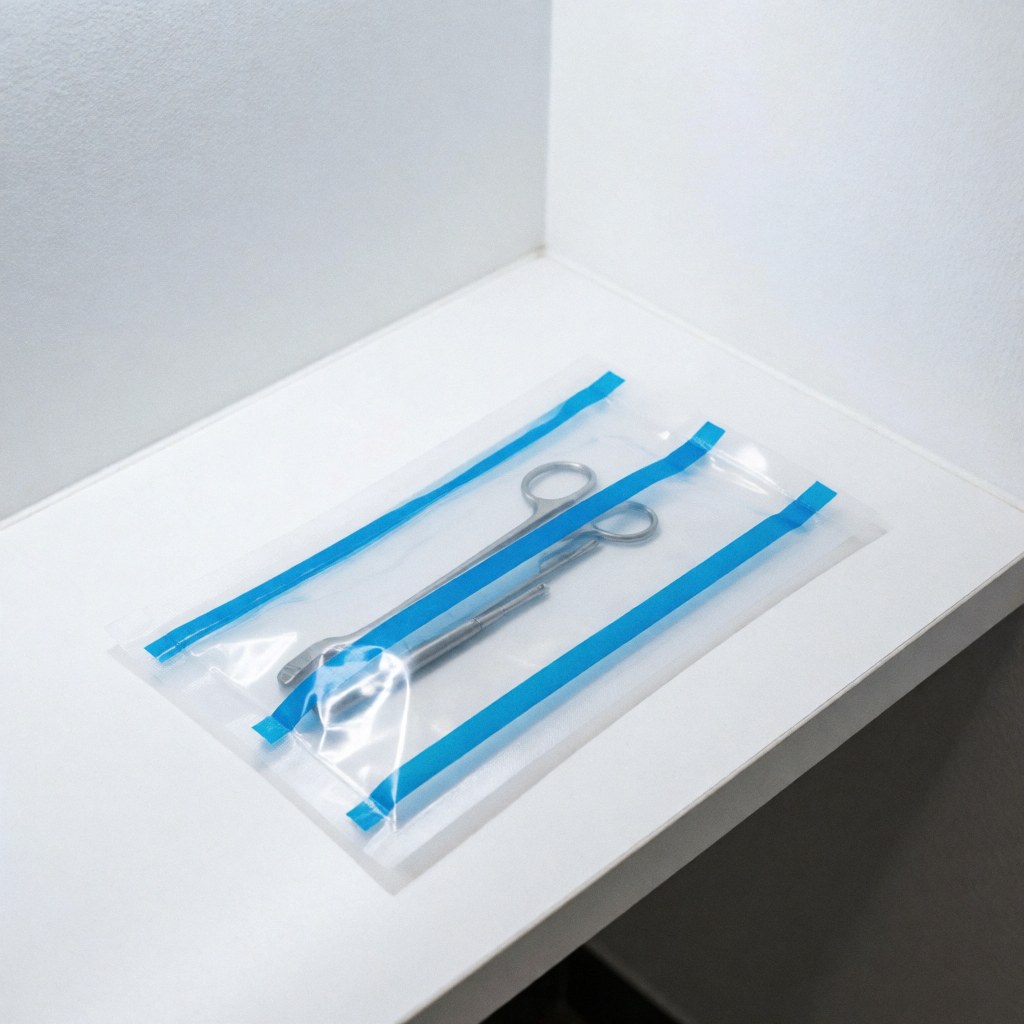 Patch stérile transparent avec pinces métalliques et indicateurs bleus sur une table blanche propre, éclairage clinique pour un studio de piercing