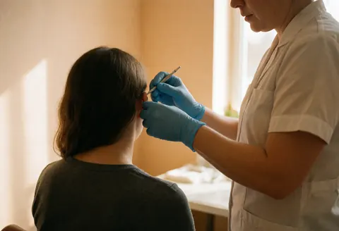 Un technicien en gants bleus réalise une insertion de piercing sur l'hélix d'une cliente assise dans un studio lumineux aux murs beiges.