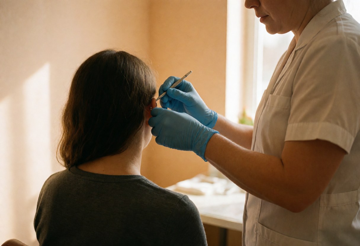 Un technicien en gants bleus réalise une insertion de piercing sur l'hélix d'une cliente assise dans un studio lumineux aux murs beiges.