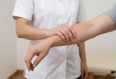 Un thérapeute en tenue blanche réalise un massage profond sur le bras d'un client dans un cadre clinique neutre.