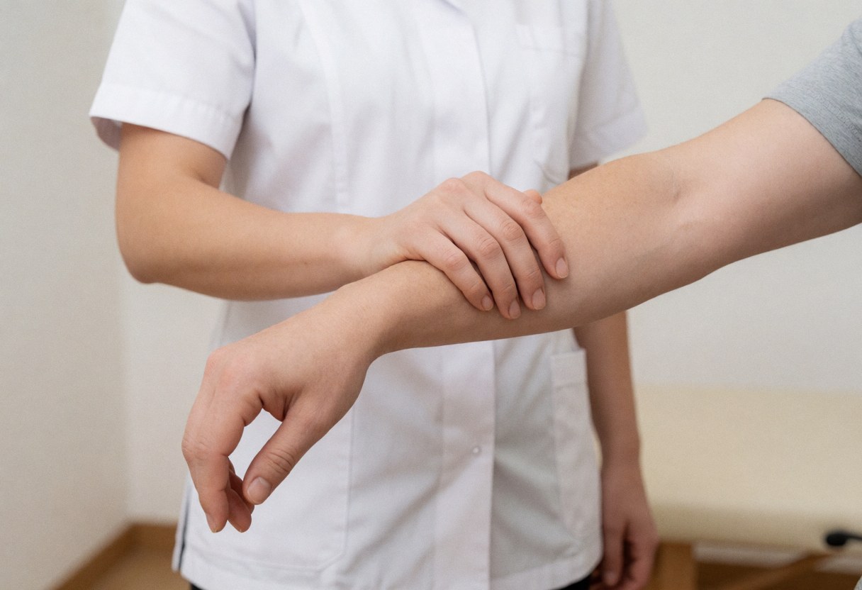 Un thérapeute en tenue blanche réalise un massage profond sur le bras d'un client dans un cadre clinique neutre.