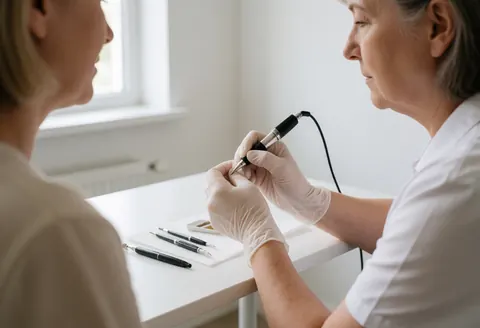 Un professionnel portant des gants réalise un microblading sur une cliente, avec outils et pigment sur une table blanche, éclairage naturel par la fenêtre.
