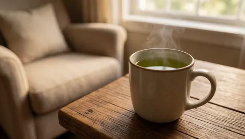 Tasse de thé vert fumante posée sur une table en bois rustique, avec une chaise confortable et une fenêtre laissant entrer la lumière naturelle en arrière-plan flou.