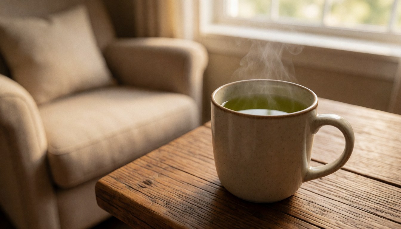 Tasse de thé vert fumante posée sur une table en bois rustique, avec une chaise confortable et une fenêtre laissant entrer la lumière naturelle en arrière-plan flou.