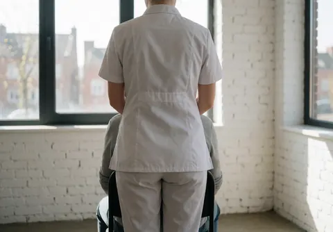 Vue arrière d'un thérapeute en uniforme blanc pratiquant un massage sur un client assis dans une chaise, devant un mur de briques blanches éclairé par la lumière naturelle.