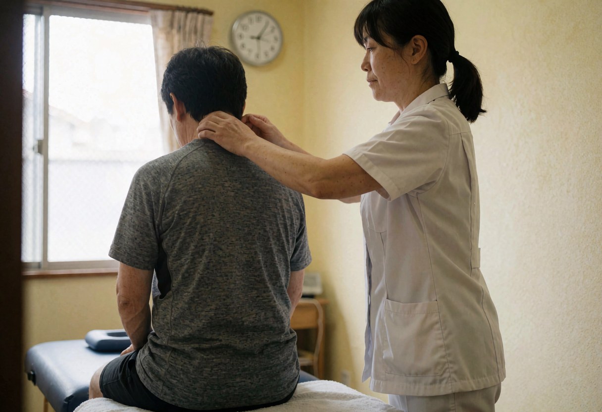 Un thérapeute en uniforme blanc réalise un massage du cou sur un client allongé sur une table de massage, dans un espace baigné de lumière naturelle.