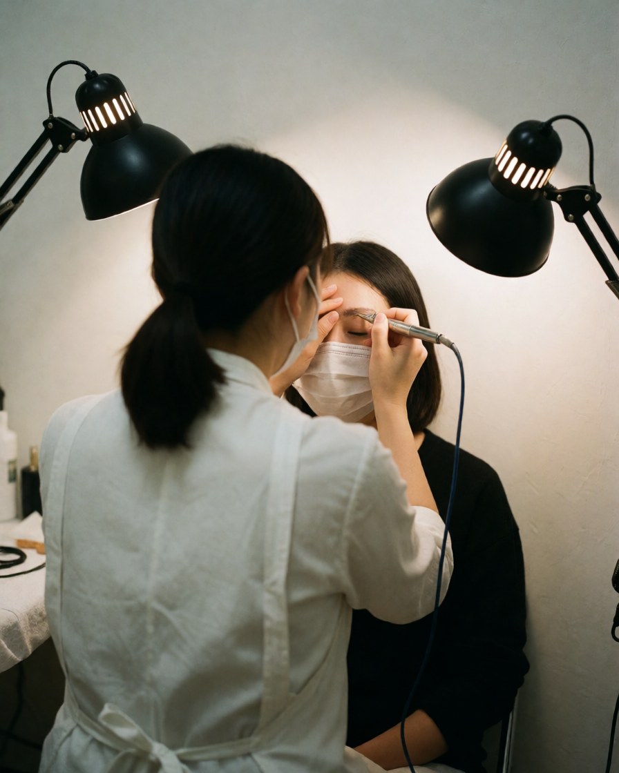 Une technicienne effectue un microblading sur les sourcils d'une cliente portant un masque, dans un studio lumineux avec murs blancs.
