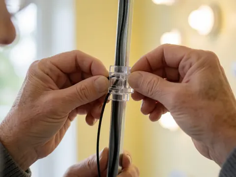 Des mains adultes branchent un câble noir dans un clip transparent fixé sur un support métallique, avec un fond chaud et flou éclairé par des lumières douces.
