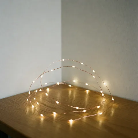Guirlande de lumières LED à tonalité chaude posée sur une surface en bois, créant une ambiance chaleureuse et accueillante idéale pour la décoration d'événements romantiques ou de mariages.