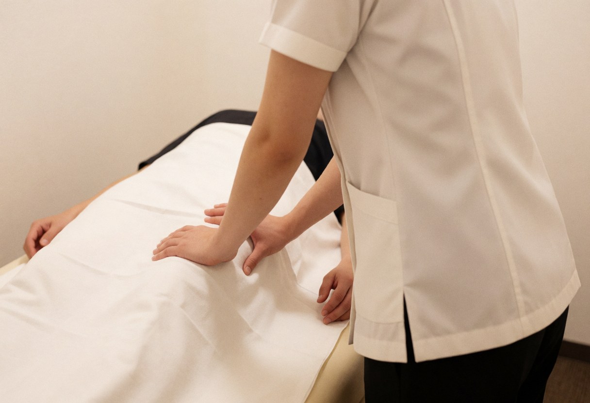 Thérapeute professionnel effectuant un massage sportif sur la jambe d'un client, vêtu d'un uniforme blanc, dans une salle lumineuse avec des draps propres.