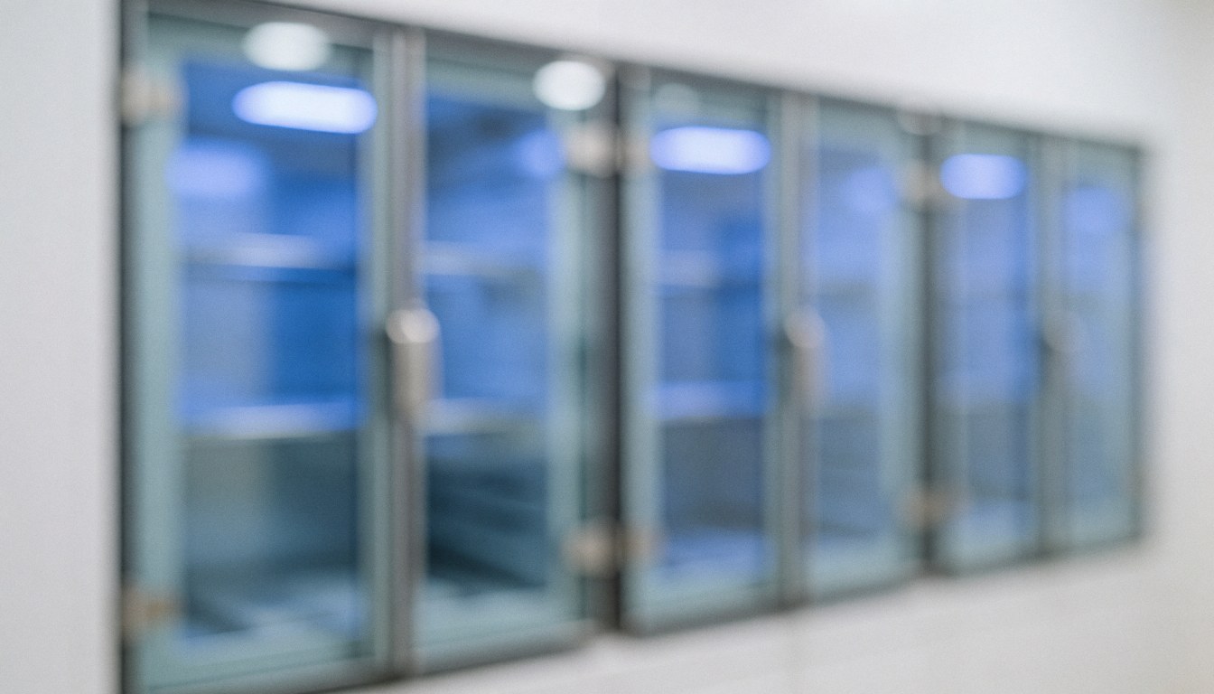 Fond de cabines de stérilisation UV avec lumière bleue, ambiance clinique et minimaliste, idéal pour textes sur traitements médicaux modernes.