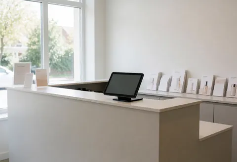 Espace de réception propre et lumineux avec tablette numérique, brochures de soins de la peau et lumière naturelle par la fenêtre.