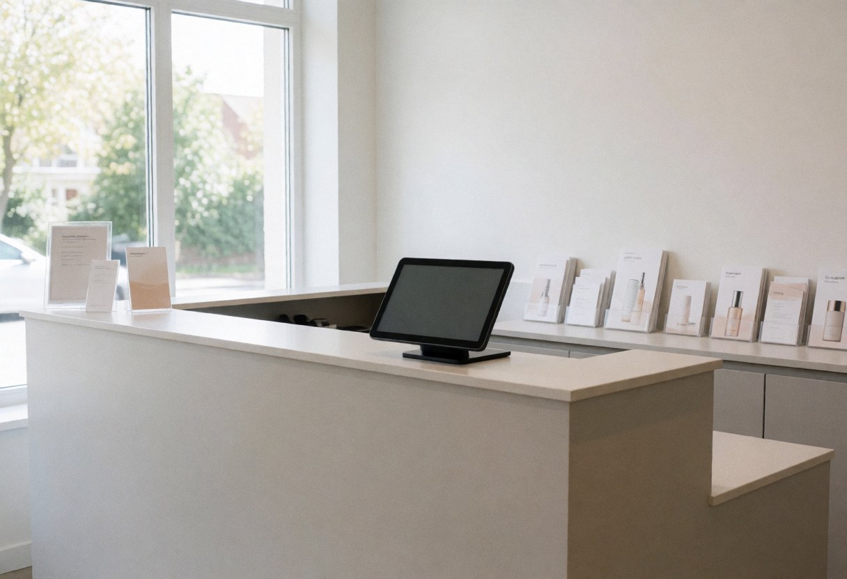 Espace de réception propre et lumineux avec tablette numérique, brochures de soins de la peau et lumière naturelle par la fenêtre.