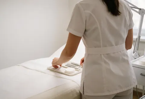 Un professionnel en uniforme blanc prépare des instruments sur une table d'examen dans un cabinet médical aux murs blancs et à la lumière douce.