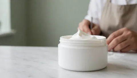 Tube blanc de crème avec une touche de crème épaisse sur une table en marbre blanc. Une personne en tabli travaille en arrière-plan flou.