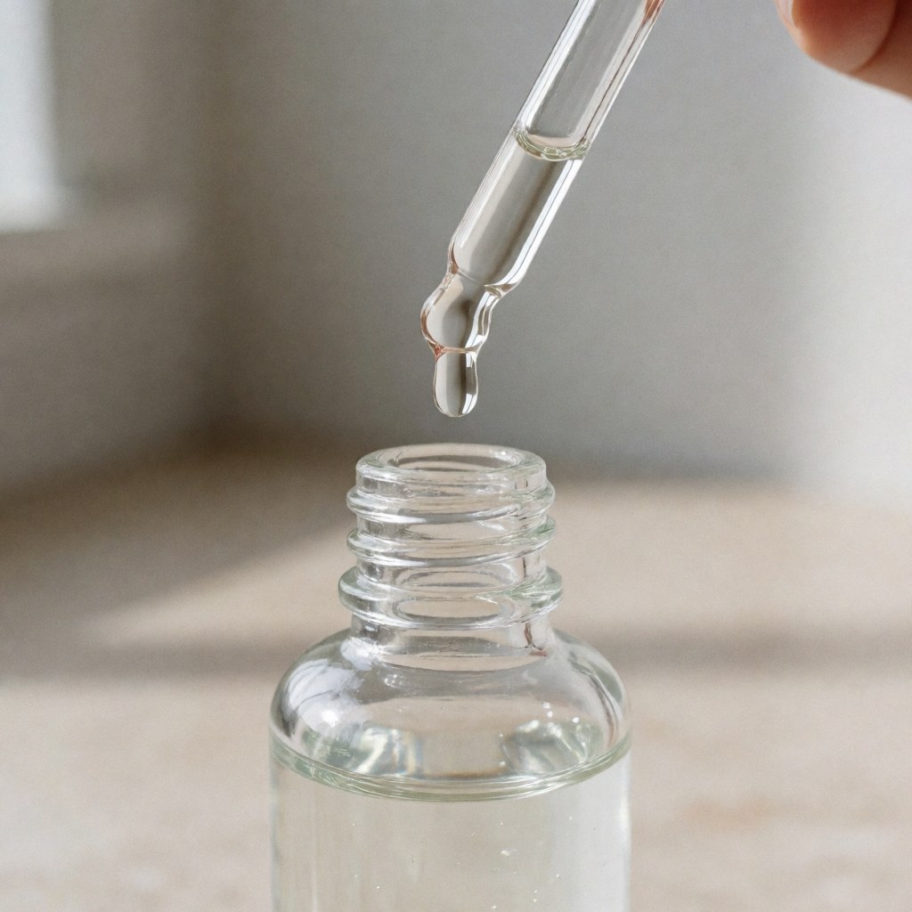 Goutte de sérum cosmétique sur un flacon en verre transparent, produit d'hydratation faciale, sur un fond de salle de bain avec lumière naturelle douce et murs gris clair.