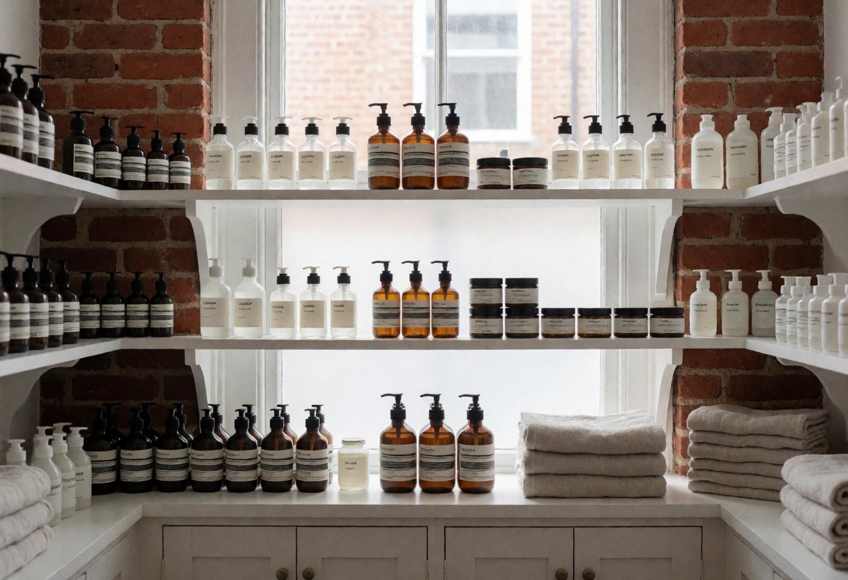 Rangement ordonné de soins visage sur étagères blanches près d'une fenêtre avec mur en briques, toiles et flacons en verre.