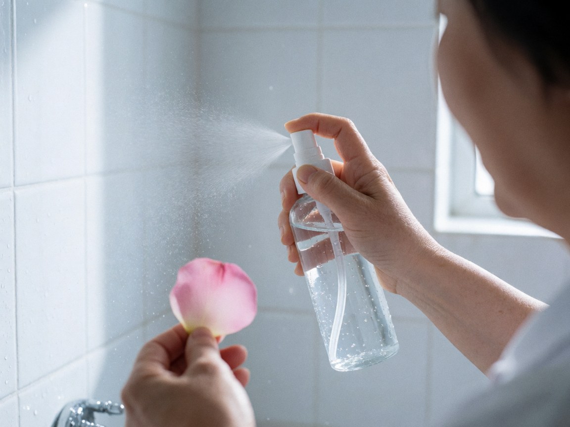 Des gouttelettes d'eau de rose se posent sur un pétale délicat dans un environnement lumineux et propre.