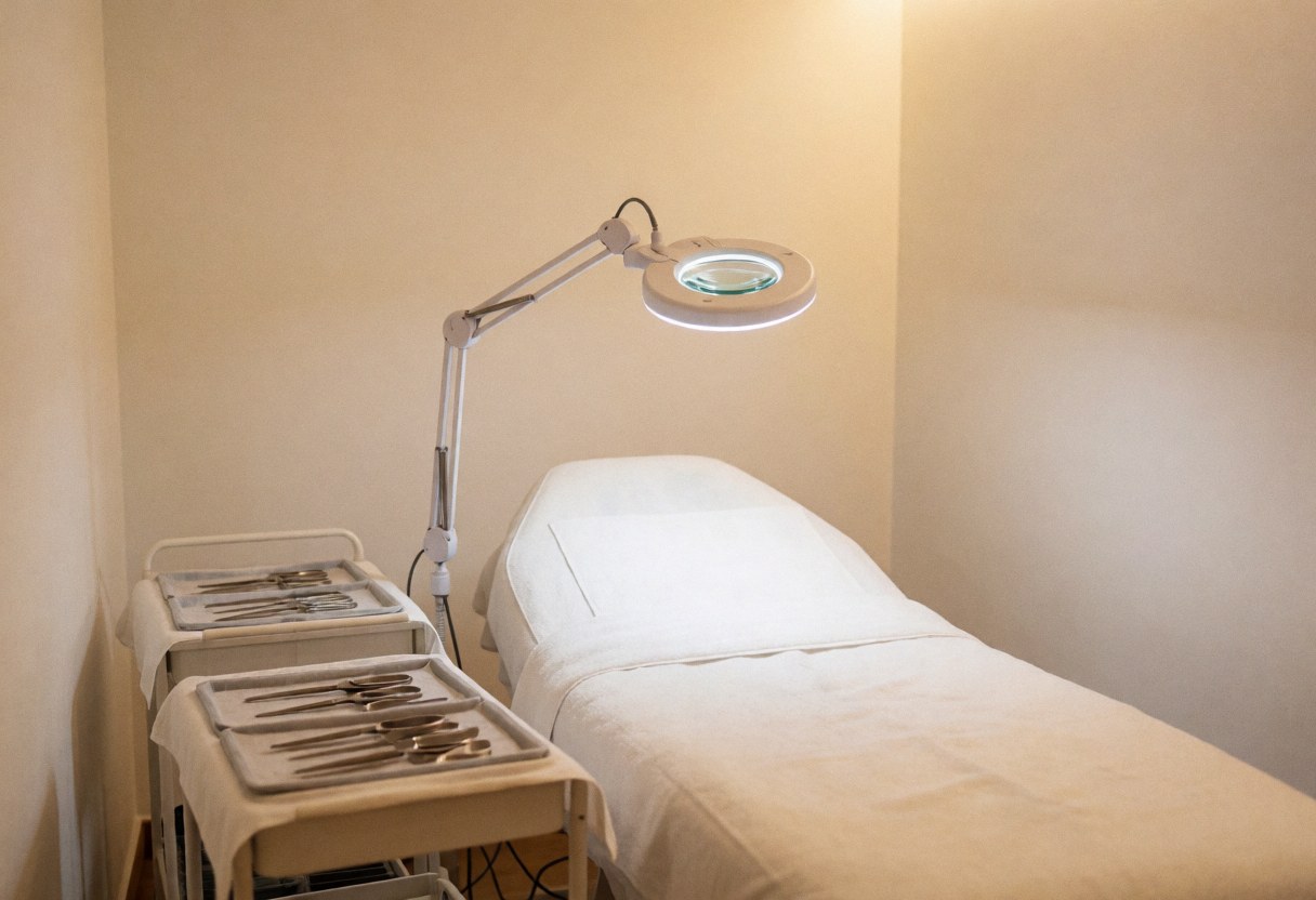 Salle de soin pour l'acné équipée de lits stériles, d'un éclairage grossissant et de plateaux à instruments dans un environnement propre et professionnel.