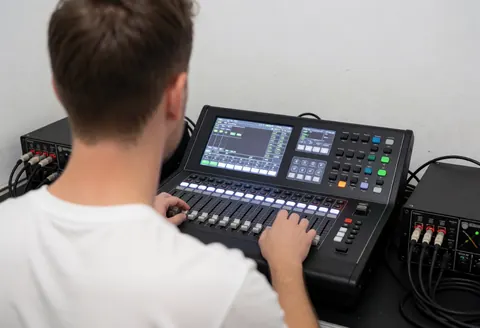 Un technicien règle les faders sur une console de contrôle d'éclairage pour événements, dans un espace avec des murs blancs et du matériel audiovisuel en arrière-plan.