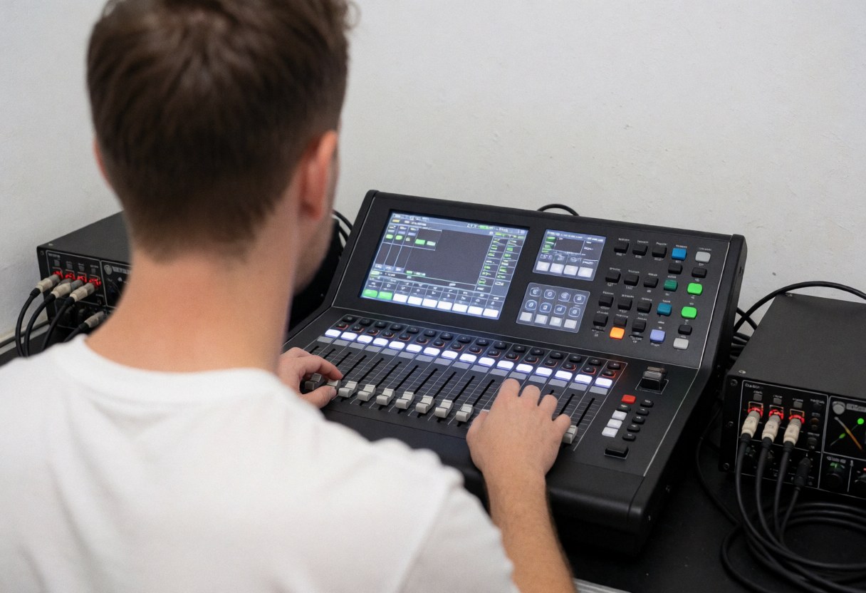 Un technicien règle les faders sur une console de contrôle d'éclairage pour événements, dans un espace avec des murs blancs et du matériel audiovisuel en arrière-plan.