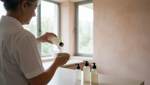 Vue arrière d'un professionnel en uniforme blanc versant du toner dans un bol sur une table propre, avec des bouteilles de produit et des murs terracotta éclairés par la lumière naturelle.
