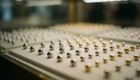 Fond de vitrine avec boucles d'oreilles en argent et or, flou doux, éclairage chaleureux, idéal pour textes de bijouterie.