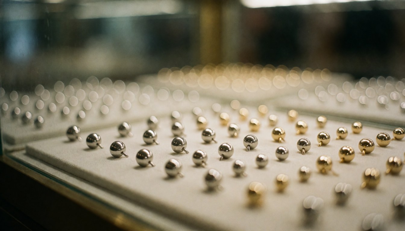 Fond de vitrine avec boucles d'oreilles en argent et or, flou doux, éclairage chaleureux, idéal pour textes de bijouterie.