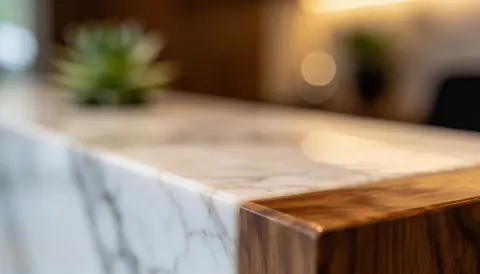 Vue rapprochée d'une réception moderne avec un comptoir en marbre blanc poli bordé de bois foncé, éclairage chaud flou et plante succulente verte en arrière-plan.