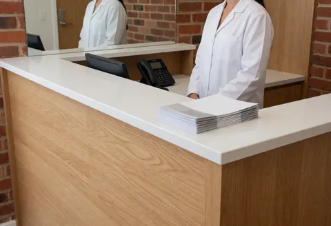 Réceptionniste en blouse blanche derrière un comptoir en bois clair avec mur en briques rouges et téléphone noir.