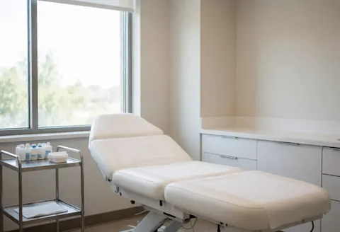 Espace clinique moderne et épuré comprenant une table d'examen blanche, un chariot médical et une fenêtre laissant entrer la lumière naturelle.