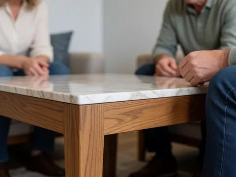 Table basse en bois clair avec plateau en marbre blanc veiné, placée dans un intérieur moderne et chaleureux.