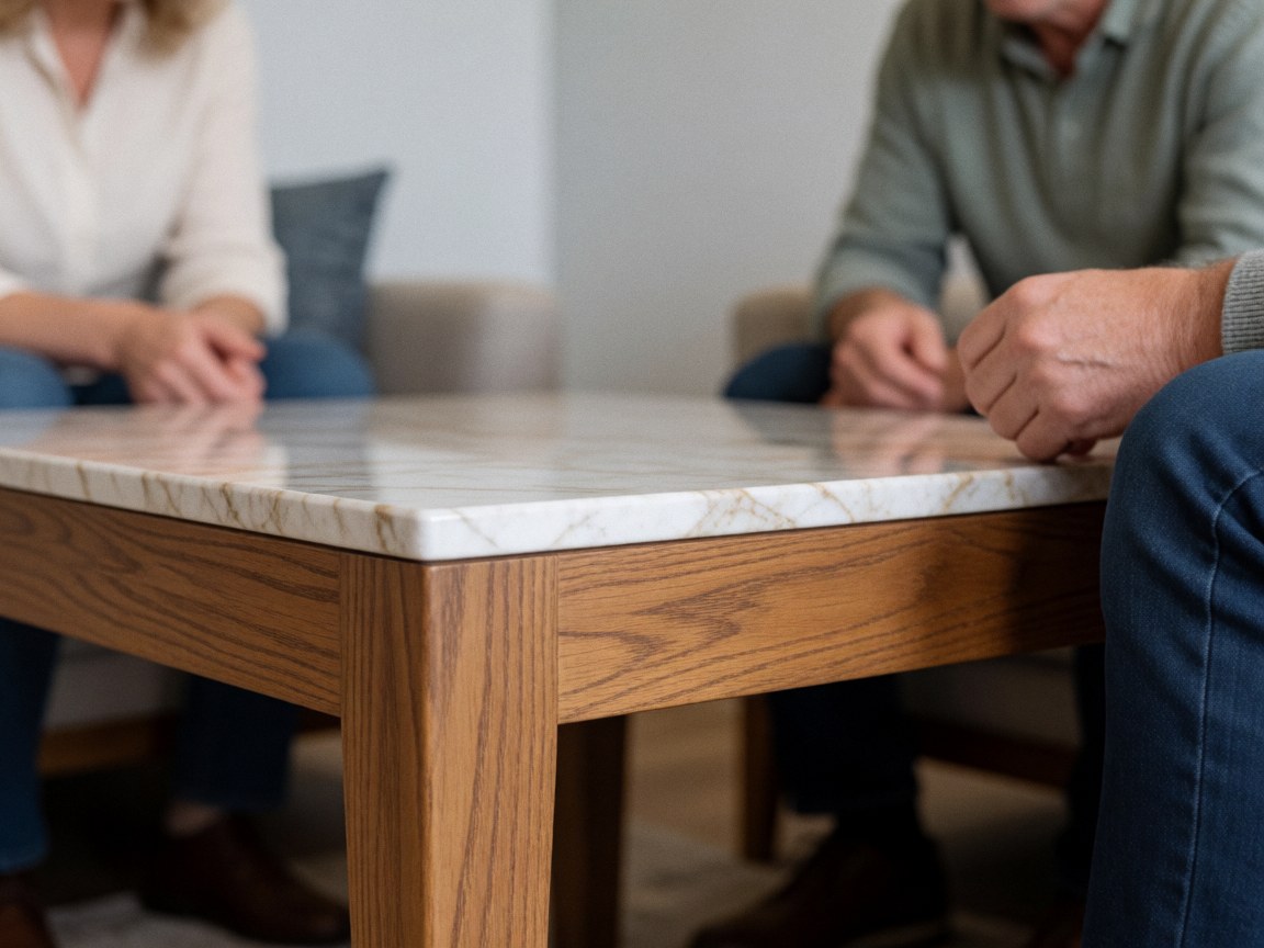 Table basse en bois clair avec plateau en marbre blanc veiné, placée dans un intérieur moderne et chaleureux.