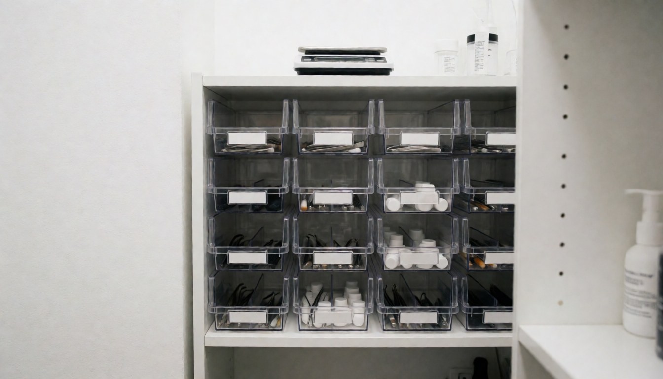 Étagère blanche contenant des organisateurs transparents remplis de produits pour les sourcils, une balance numérique et des bouteilles dans un environnement propre et ordonné.