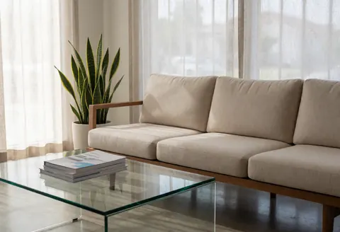 Salon d'attente moderne avec canapé beige, table basse en verre, plante verte et lumière naturelle tamisée par des rideaux.