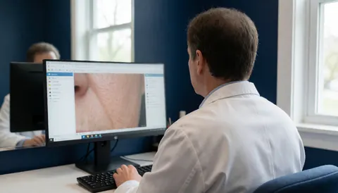 Dermatologue en blouse blanche examine une image de peau sur un écran dans un bureau lumineux avec une fenêtre et un miroir, dans un cadre professionnel et calme.