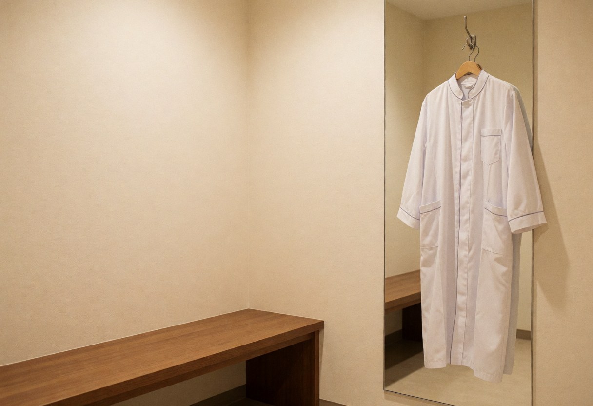 Intérieur d'une clinique avec banc en bois, miroir et blouse blanche suspendue, éclairage chaleureux pour un espace privé et accueillant.