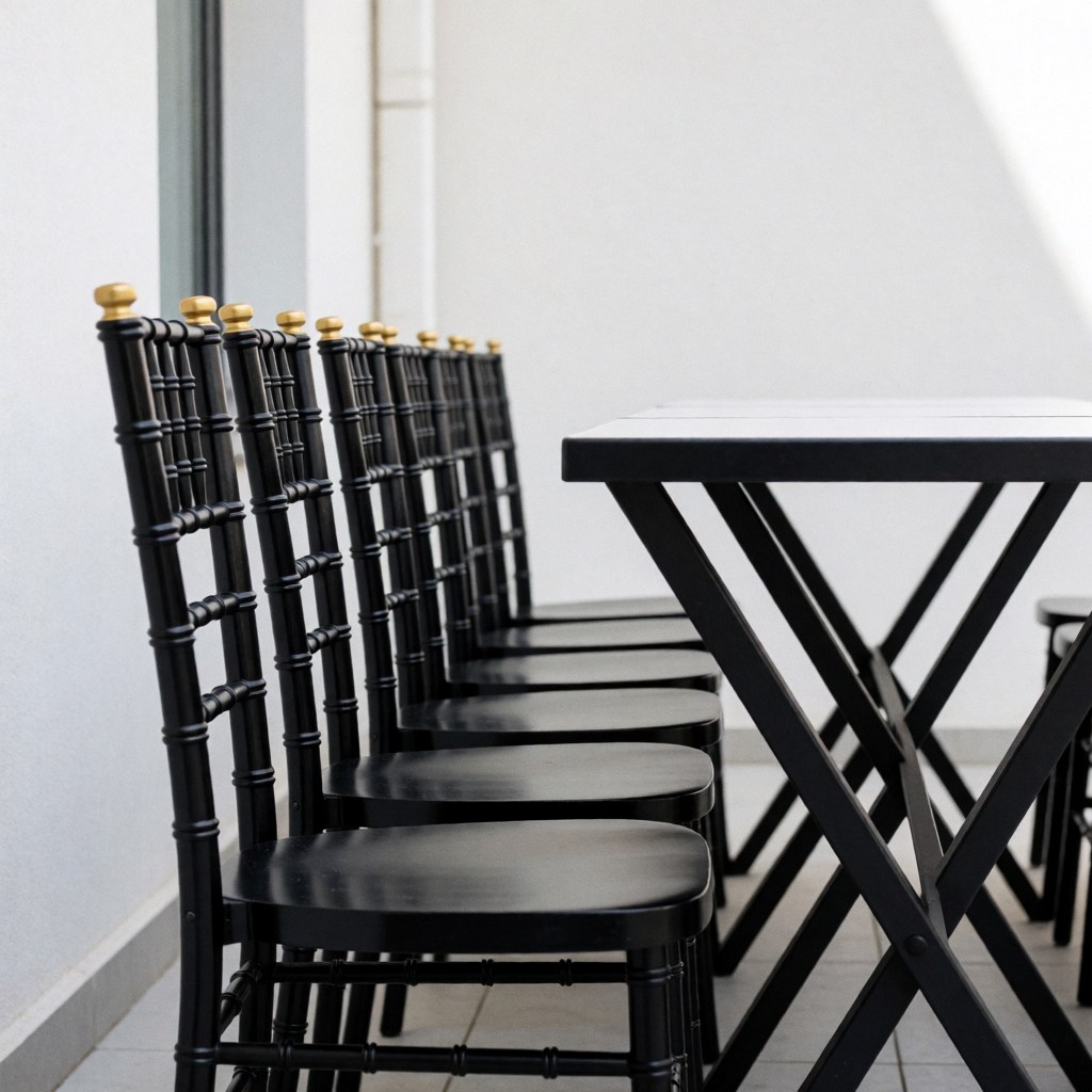 Chaises noires aux détails dorés alignées près d'une table moderne dans un patio extérieur minimaliste aux murs blancs.