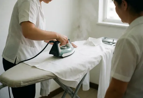 Un employé repasse une chemise blanche sur une table tandis qu'un client observe attentivement le processus dans un lavoir professionnel.