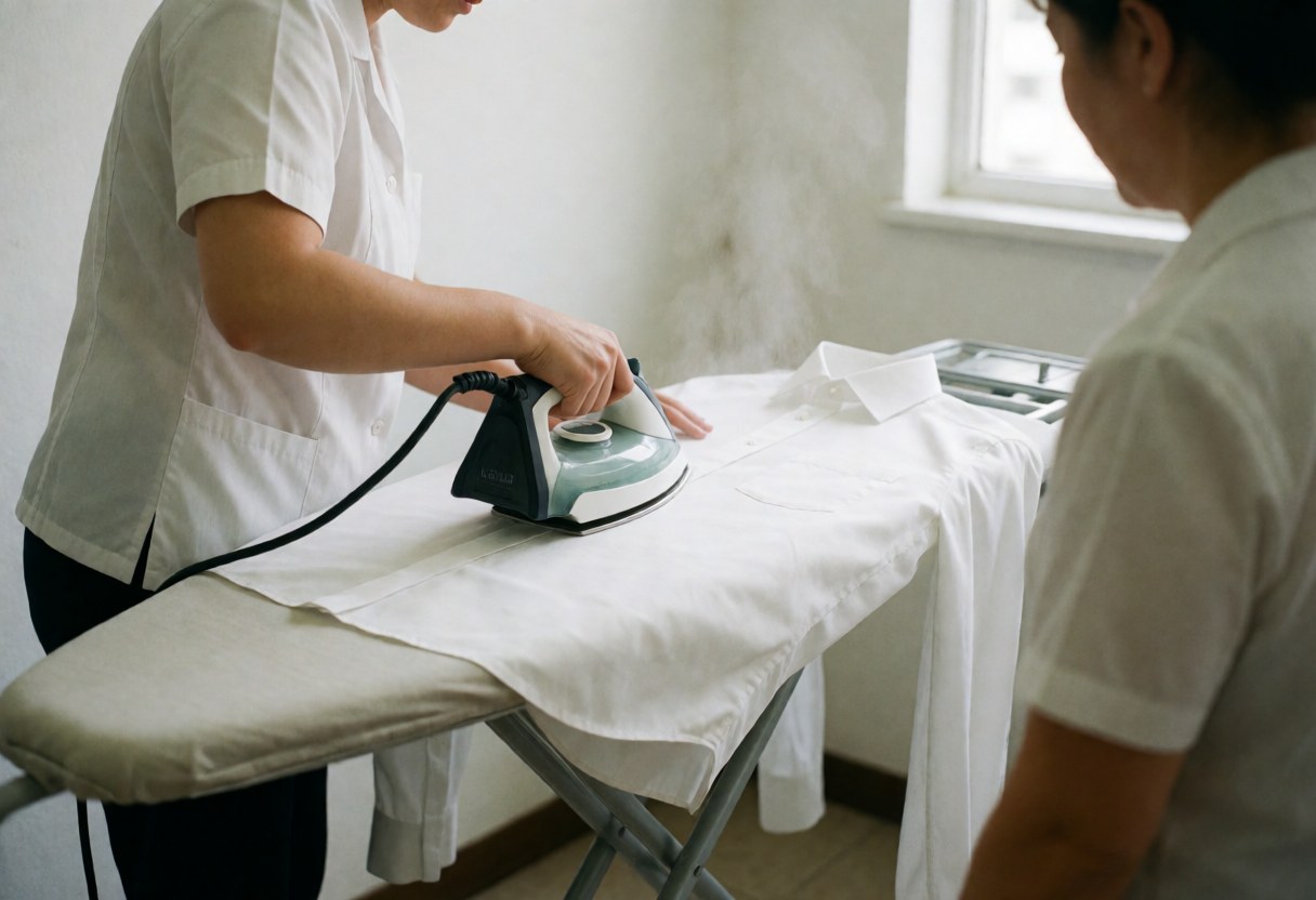 Un employé repasse une chemise blanche sur une table tandis qu'un client observe attentivement le processus dans un lavoir professionnel.