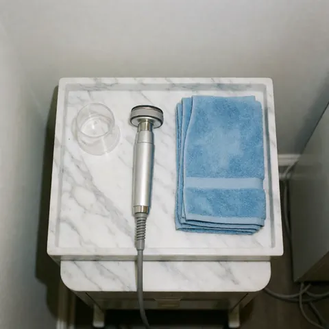 Kit de dermoabrasion avec outil stérile, serviettes bleues et récipient plastique posés sur un plateau en marbre blanc, idéal pour les cliniques de beauté.