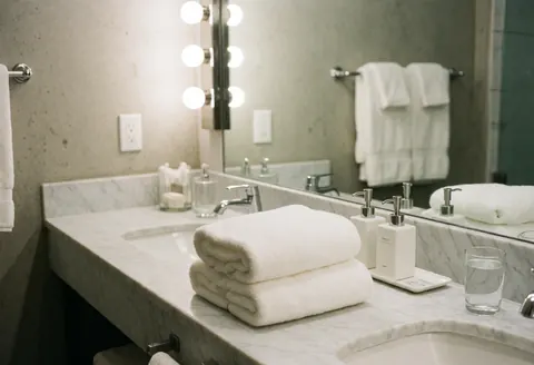 Salle de bain d'hôtel avec marbre blanc, serviettes blanches pliées, distributeurs de savon, miroir avec lumières et verre d'eau.