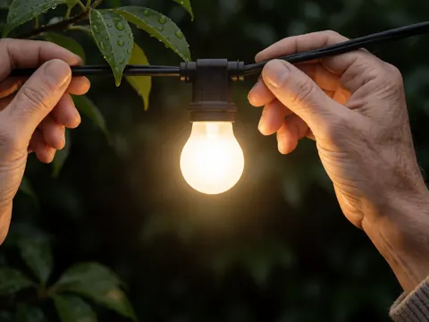Des mains ajustent une ampoule LED sur une guirlande lumineuse, entourée de feuilles humides sur un fond de végétation sombre pour événements en plein air.