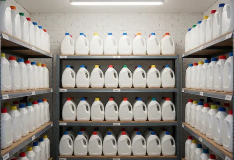 Salle de stockage d'une lavanderie avec des étagères métalliques remplies de bouteilles de détergent et d'assouplissant sur fond de murs en briques blanches.