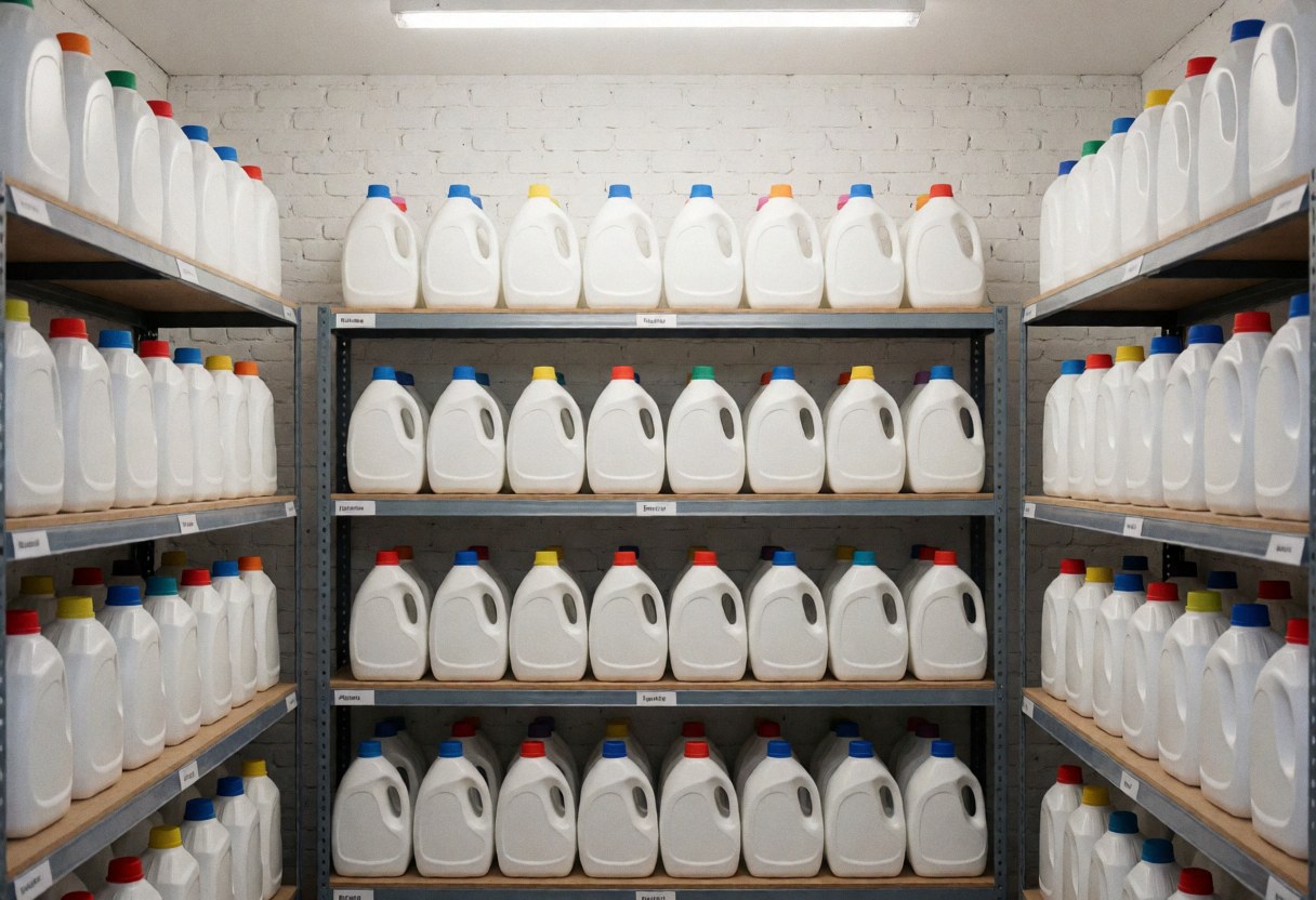 Salle de stockage d'une lavanderie avec des étagères métalliques remplies de bouteilles de détergent et d'assouplissant sur fond de murs en briques blanches.