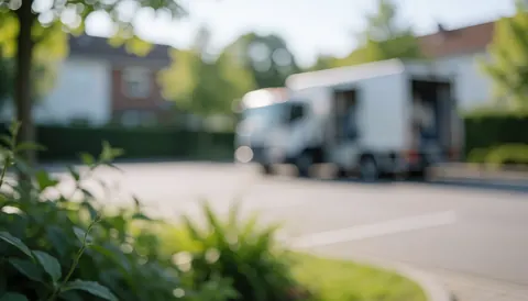 Arrière-plan pour textes avec camion mobile de lavage hors focus dans un parking résidentiel, végétation verte au premier plan et lumière naturelle douce.