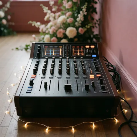 Console dj professionnelle avec boutons et faders sur sol en bois, décorée de lumières féériques et de fleurs roses pour une ambiance festive.