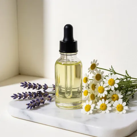 Flacon de sérum avec pipette noire entouré de fleurs de camomille et branches de lavande sur surface en marbre blanc éclairée par lumière naturelle douce.