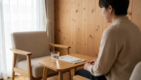 Une personne attend assise sur une chaise confortable dans un intérieur aux murs en bois, près d'une table avec de l'eau et des brochures.