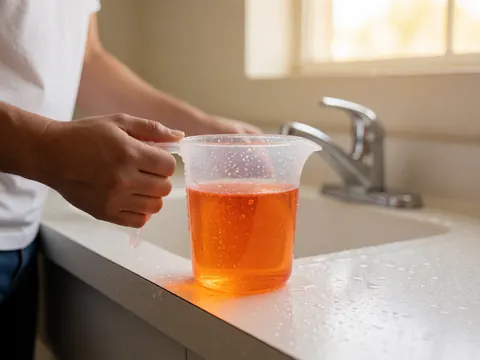 Une main tient un gobelet doseur transparent rempli d'un liquide orange vif, posé sur le bord d'un évier blanc. Des gouttes d'eau coulent sur le récipient et le comptoir. Un robinet chromé et la lumière naturelle d'une